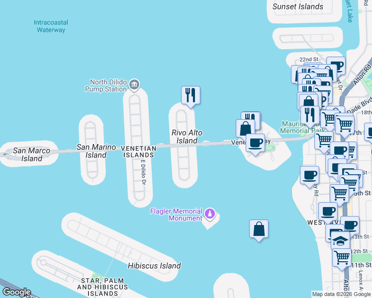 map of restaurants, bars, coffee shops, grocery stores, and more near 225 West Rivo Alto Drive in Miami Beach