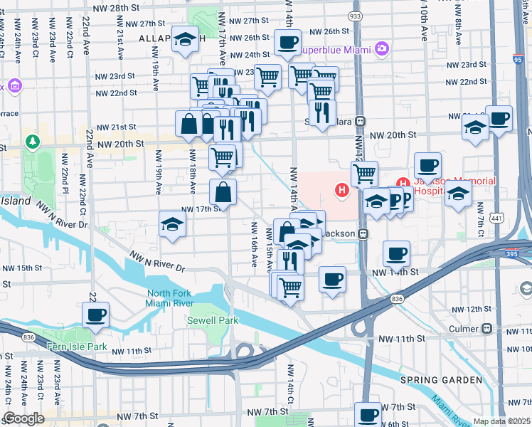 map of restaurants, bars, coffee shops, grocery stores, and more near 1661 Northwest 15th Street Road in Miami