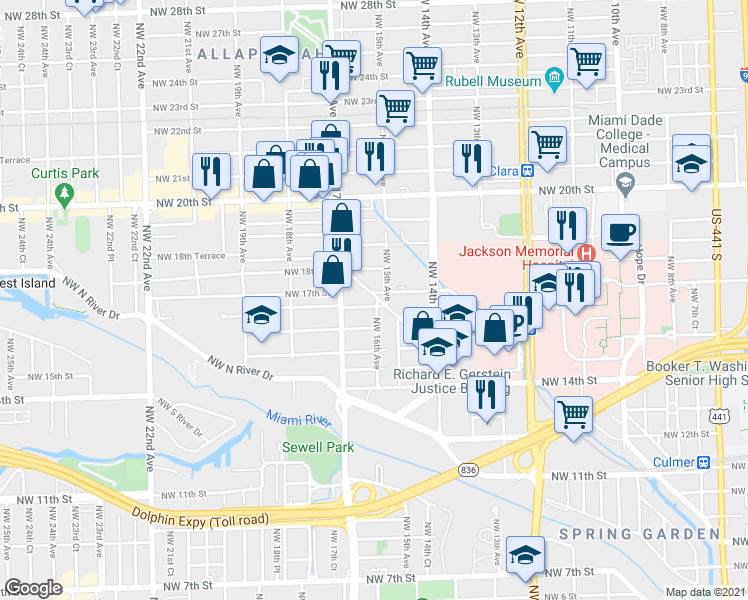 map of restaurants, bars, coffee shops, grocery stores, and more near 1661 Northwest 15th Street Road in Miami