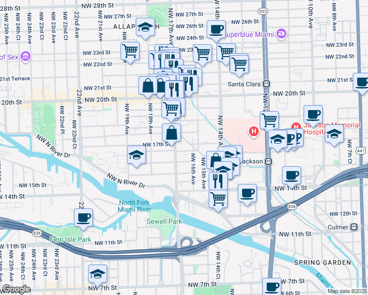 map of restaurants, bars, coffee shops, grocery stores, and more near 1655 Northwest 17th Avenue in Miami