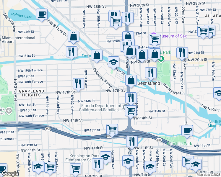 map of restaurants, bars, coffee shops, grocery stores, and more near 1700 Delaware Parkway in Miami