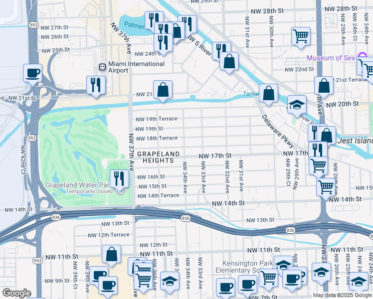 map of restaurants, bars, coffee shops, grocery stores, and more near 3370 Northwest 18th Street in Miami