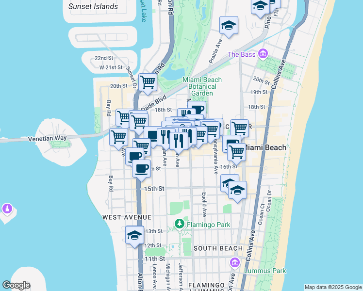 map of restaurants, bars, coffee shops, grocery stores, and more near 1661 Jefferson Avenue in Miami Beach