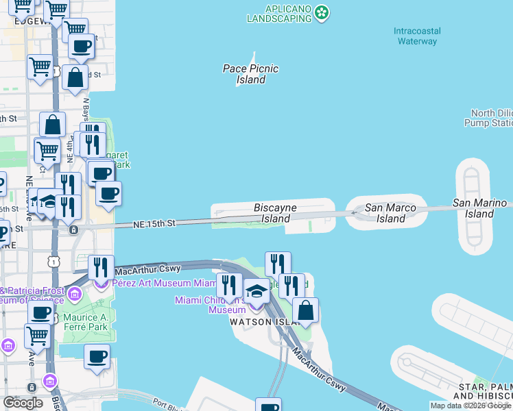 map of restaurants, bars, coffee shops, grocery stores, and more near 911 North Venetian Drive in Miami Beach