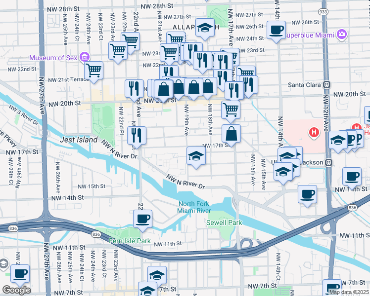 map of restaurants, bars, coffee shops, grocery stores, and more near 1902 Northwest 17th Street in Miami