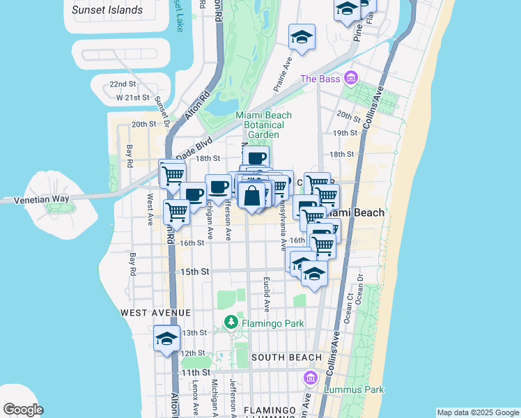 map of restaurants, bars, coffee shops, grocery stores, and more near 731 Lincoln Lane North in Miami Beach