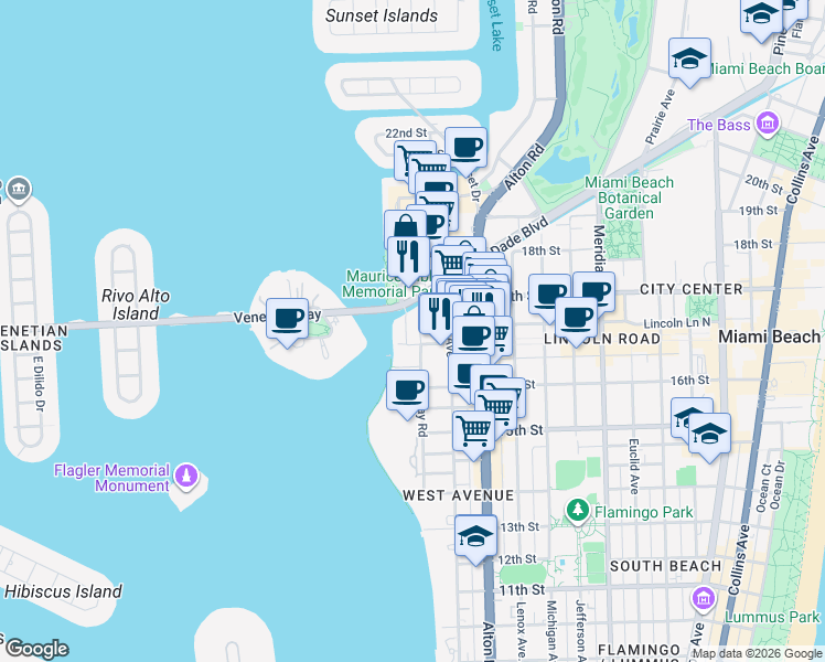 map of restaurants, bars, coffee shops, grocery stores, and more near 1665 Bay Road in Miami Beach