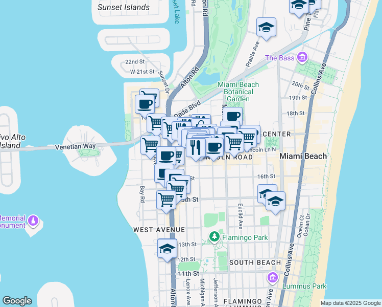 map of restaurants, bars, coffee shops, grocery stores, and more near 1029 Lincoln Road in Miami Beach
