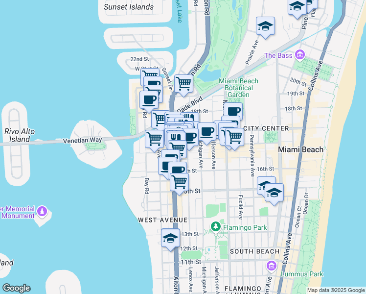 map of restaurants, bars, coffee shops, grocery stores, and more near 1111 Lincoln Road in Miami Beach