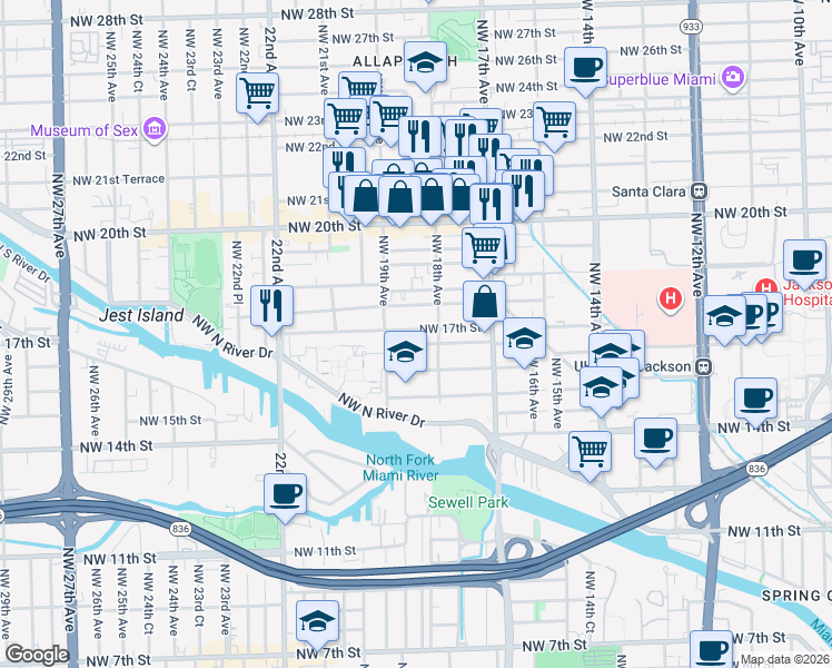 map of restaurants, bars, coffee shops, grocery stores, and more near 1837 Northwest 17th Street in Miami