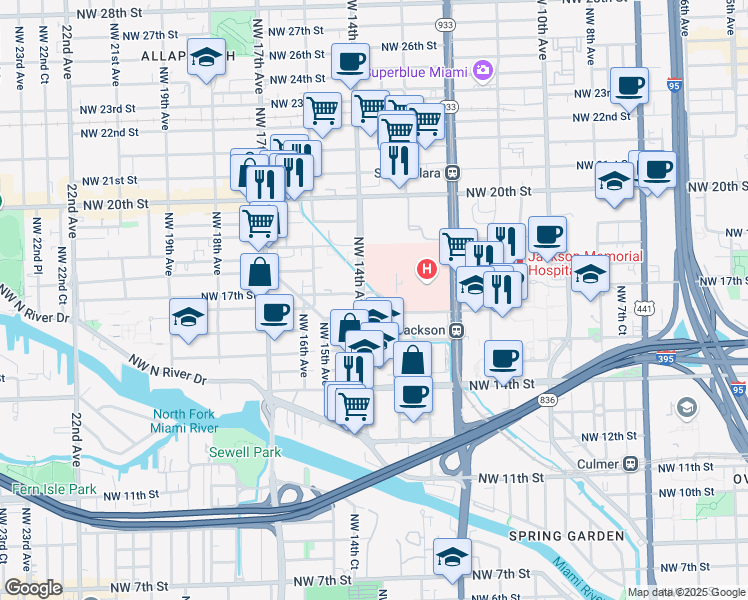 map of restaurants, bars, coffee shops, grocery stores, and more near 1631 Northwest 13th Court in Miami