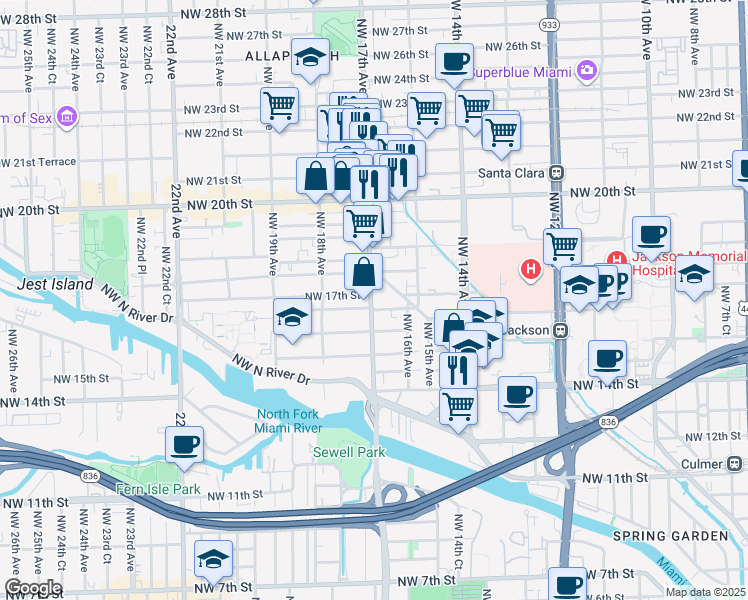 map of restaurants, bars, coffee shops, grocery stores, and more near 1655 Northwest 17th Avenue in Miami