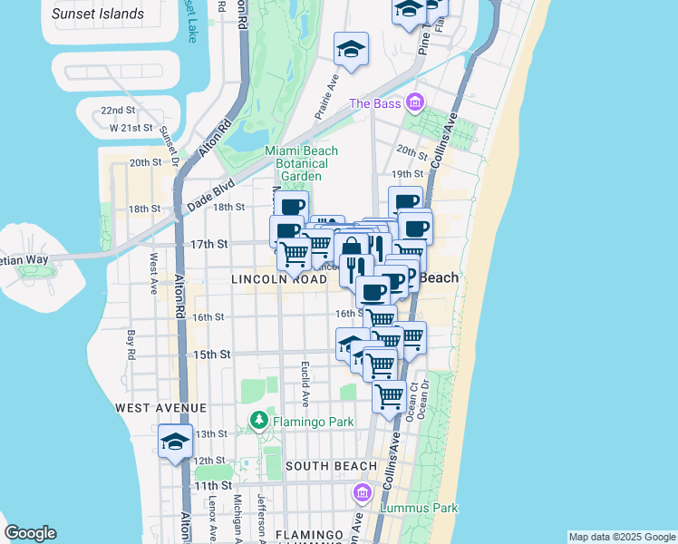 map of restaurants, bars, coffee shops, grocery stores, and more near 1657 Drexel Avenue in Miami Beach