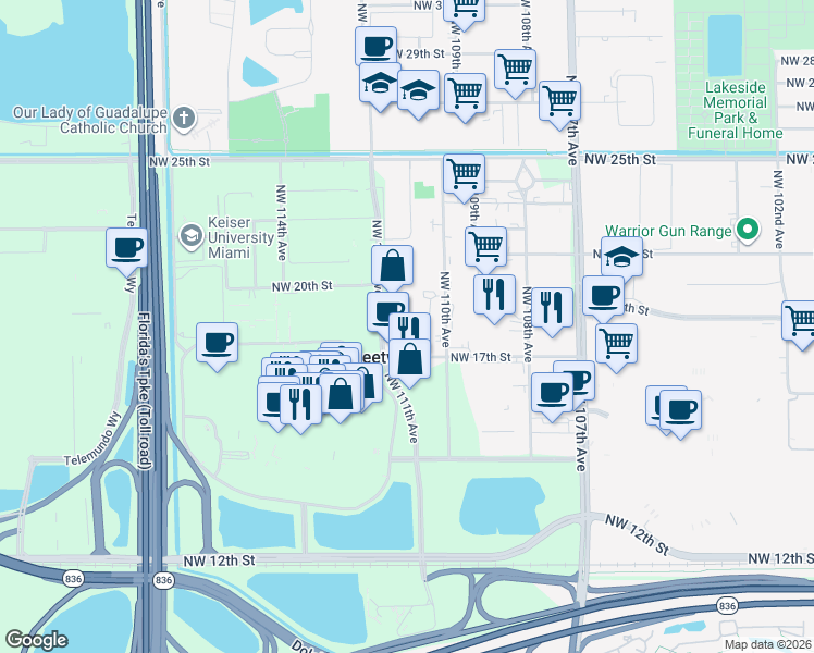 map of restaurants, bars, coffee shops, grocery stores, and more near 1835 Northwest 112th Avenue in Miami
