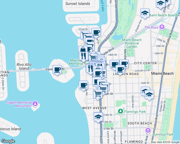map of restaurants, bars, coffee shops, grocery stores, and more near 1665 Bay Road in Miami Beach