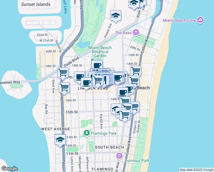 map of restaurants, bars, coffee shops, grocery stores, and more near 603 Lincoln Road in Miami Beach