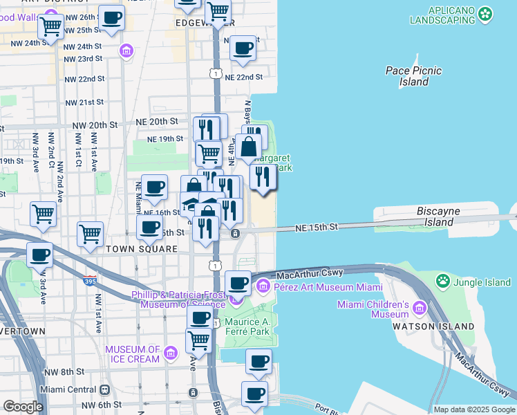 map of restaurants, bars, coffee shops, grocery stores, and more near 1634 North Bayshore Drive in Miami