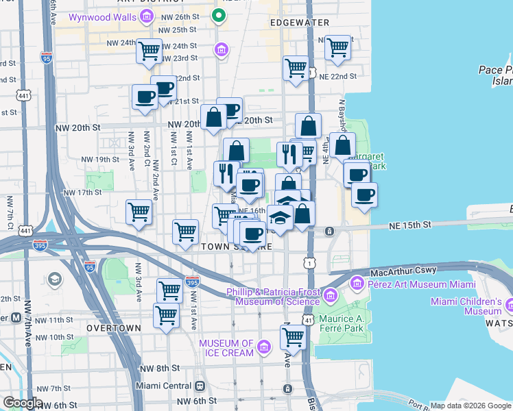map of restaurants, bars, coffee shops, grocery stores, and more near 1615 Northeast Miami Place in Miami