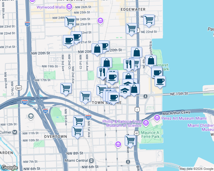 map of restaurants, bars, coffee shops, grocery stores, and more near 1615 Northeast Miami Place in Miami