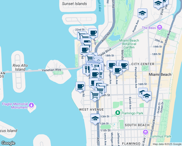 map of restaurants, bars, coffee shops, grocery stores, and more near in Miami Beach