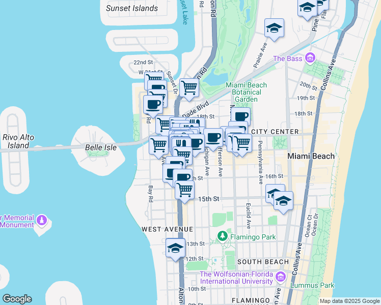 map of restaurants, bars, coffee shops, grocery stores, and more near 1111 Lincoln Road in Miami Beach