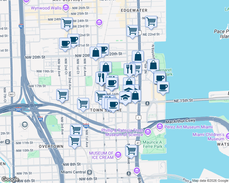 map of restaurants, bars, coffee shops, grocery stores, and more near 1615 Northeast Miami Place in Miami