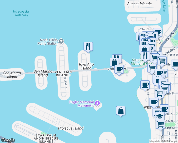 map of restaurants, bars, coffee shops, grocery stores, and more near 227 East Rivo Alto Drive in Miami Beach