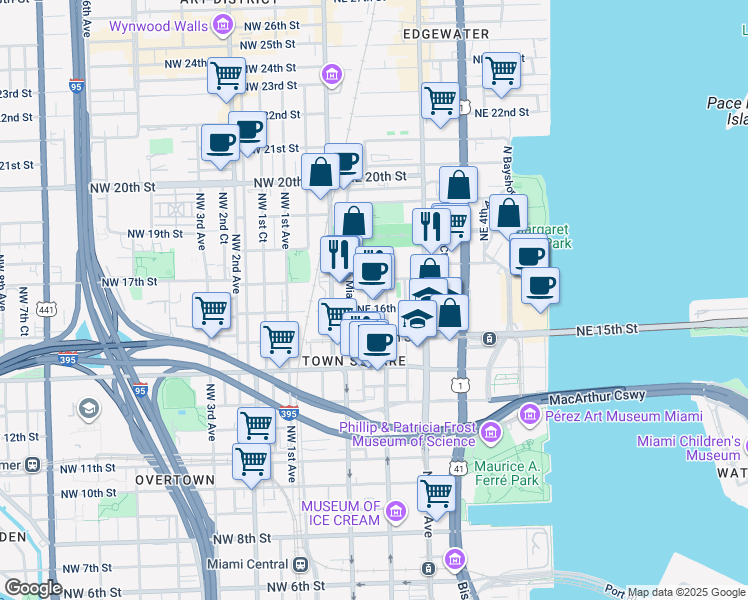 map of restaurants, bars, coffee shops, grocery stores, and more near 1615 NE Miami Pl in Miami