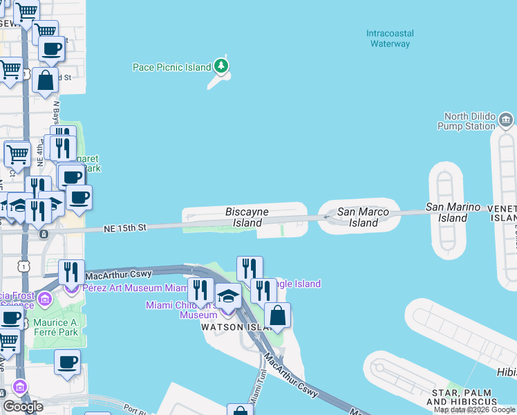 map of restaurants, bars, coffee shops, grocery stores, and more near 1011 North Venetian Drive in Miami Beach