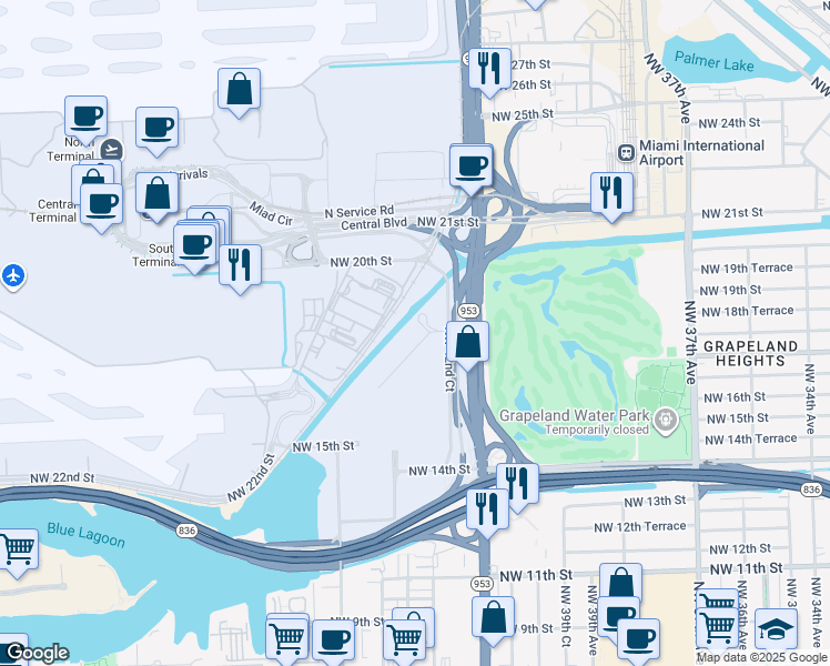 map of restaurants, bars, coffee shops, grocery stores, and more near 4265 NW South Tamiami Canal Dr in Miami