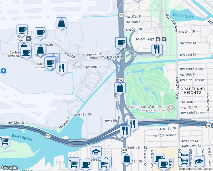 map of restaurants, bars, coffee shops, grocery stores, and more near 4265 NW South Tamiami Canal Dr in Miami