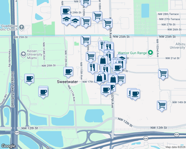 map of restaurants, bars, coffee shops, grocery stores, and more near 1800 Northwest 108th Avenue in Doral