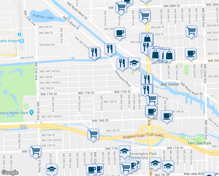 map of restaurants, bars, coffee shops, grocery stores, and more near 3074 Northwest 18th Street in Miami
