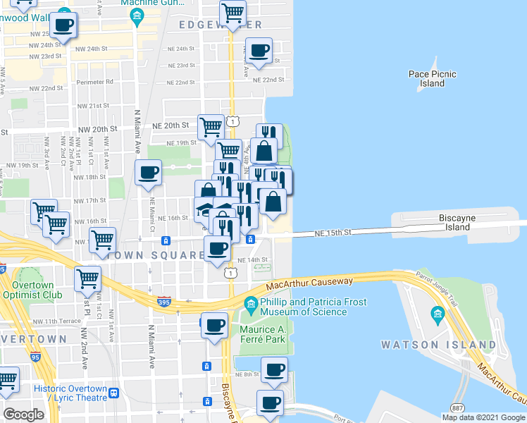 map of restaurants, bars, coffee shops, grocery stores, and more near 1634 North Bayshore Drive in Miami