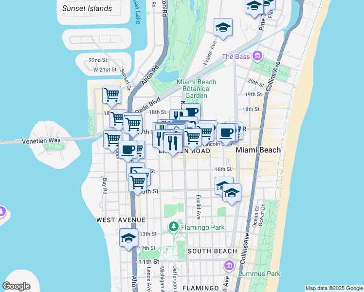 map of restaurants, bars, coffee shops, grocery stores, and more near 1650 Meridian Avenue in Miami Beach