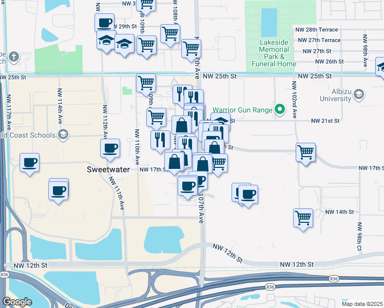 map of restaurants, bars, coffee shops, grocery stores, and more near 10711 Northwest 18th Street in Miami