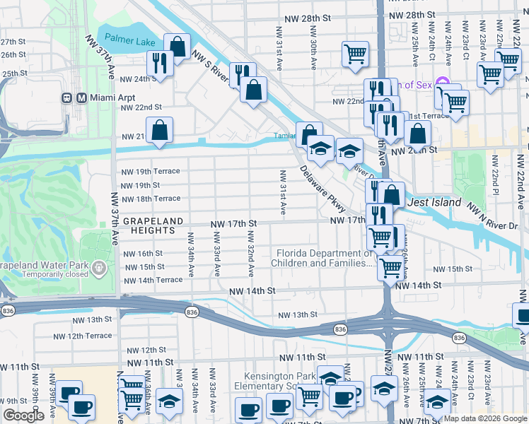 map of restaurants, bars, coffee shops, grocery stores, and more near 3170 Northwest 18th Street in Miami
