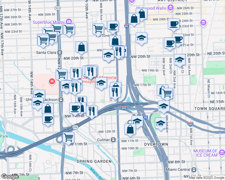 map of restaurants, bars, coffee shops, grocery stores, and more near 1651 Northwest 7th Court in Miami