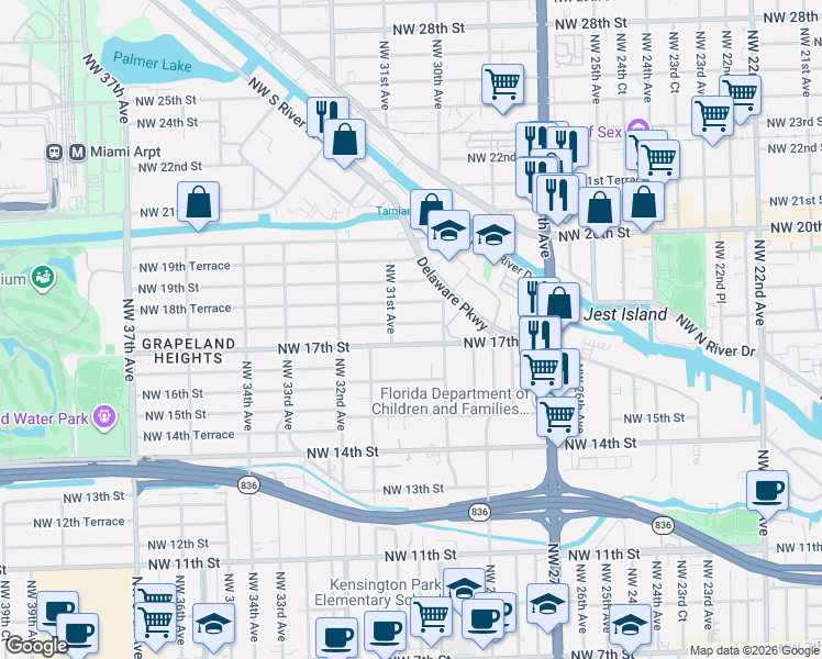 map of restaurants, bars, coffee shops, grocery stores, and more near 3074 Northwest 18th Street in Miami