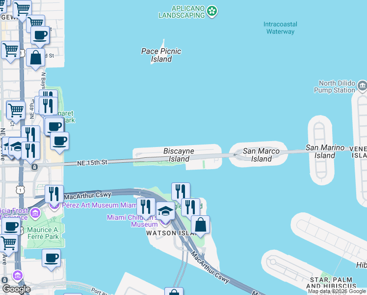 map of restaurants, bars, coffee shops, grocery stores, and more near 995 North Venetian Drive in Miami Beach