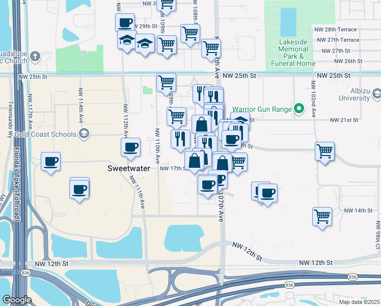 map of restaurants, bars, coffee shops, grocery stores, and more near 1800 Northwest 108th Avenue in Doral