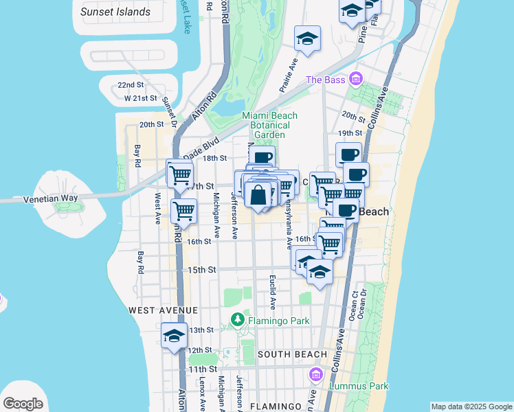 map of restaurants, bars, coffee shops, grocery stores, and more near 737 Lincoln Road in Miami Beach