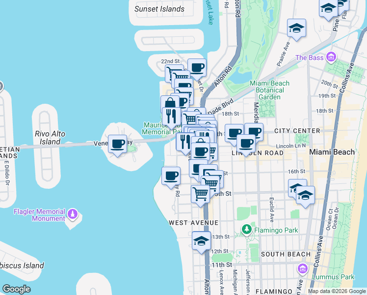 map of restaurants, bars, coffee shops, grocery stores, and more near 1665 Bay Road in Miami Beach