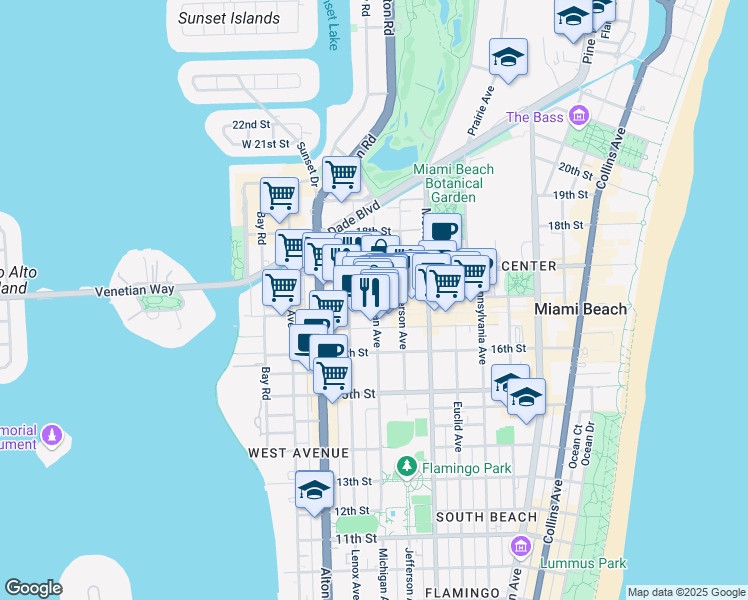 map of restaurants, bars, coffee shops, grocery stores, and more near 1069 Lincoln Lane North in Miami Beach