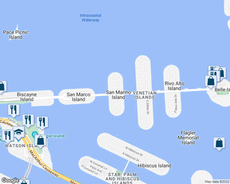 map of restaurants, bars, coffee shops, grocery stores, and more near 115 Venetian Way San Marino Island in Miami Beach