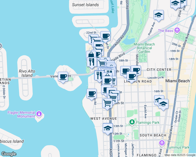 map of restaurants, bars, coffee shops, grocery stores, and more near 1665 Bay Road in Miami Beach