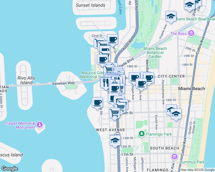 map of restaurants, bars, coffee shops, grocery stores, and more near in Miami Beach