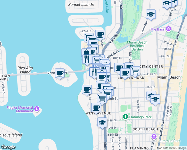 map of restaurants, bars, coffee shops, grocery stores, and more near 1665 Bay Road in Miami Beach