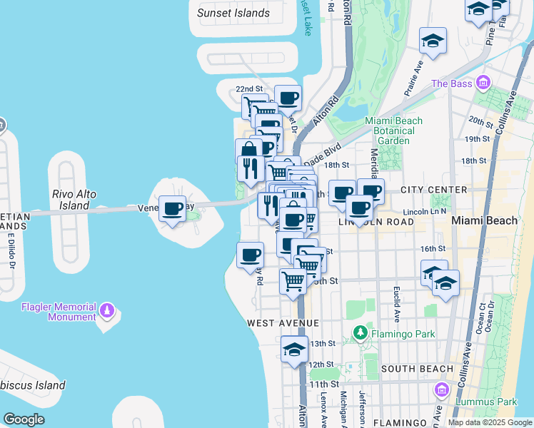 map of restaurants, bars, coffee shops, grocery stores, and more near 1665 Bay Road in Miami Beach