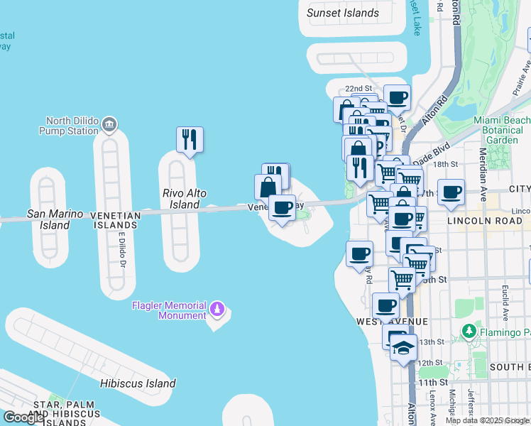 map of restaurants, bars, coffee shops, grocery stores, and more near in Miami Beach